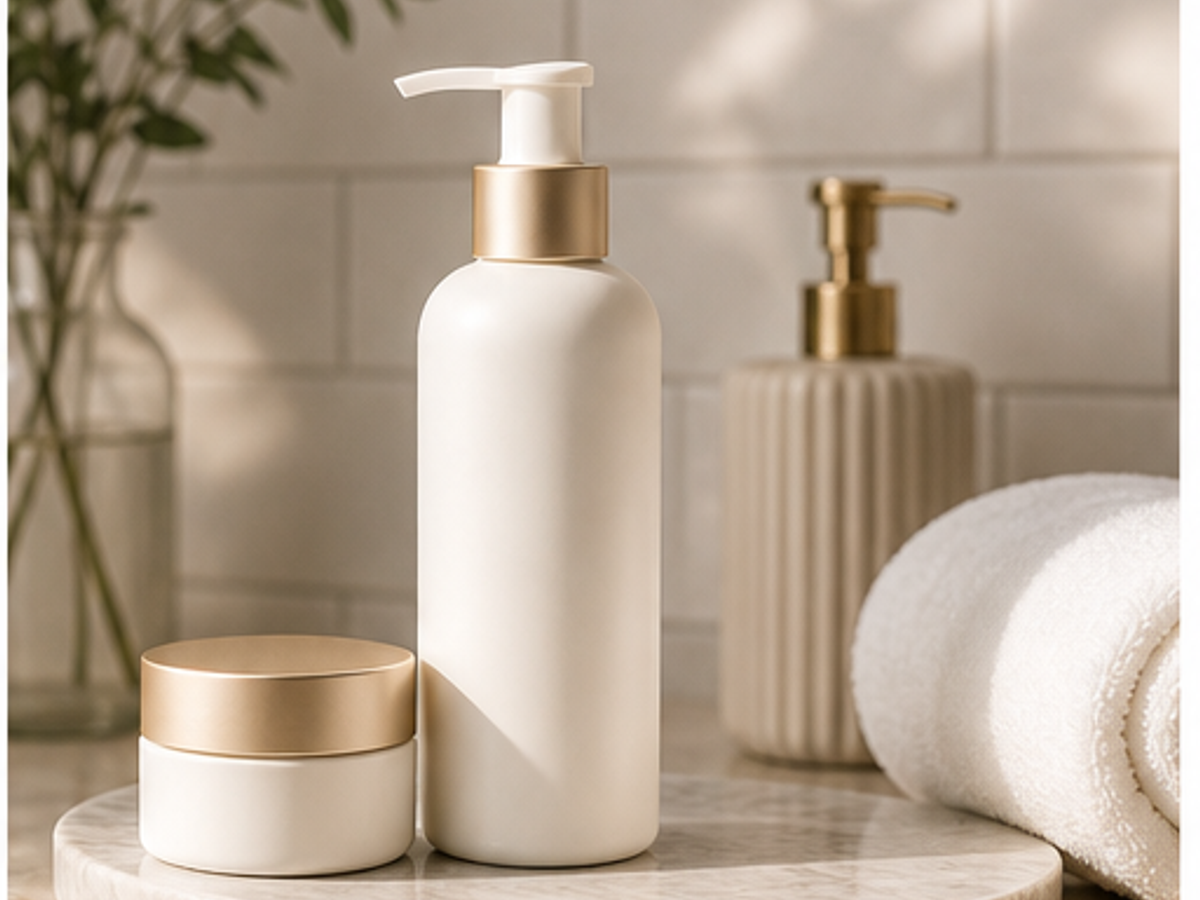 AI skincare product photography sample image: Bathroom shelf