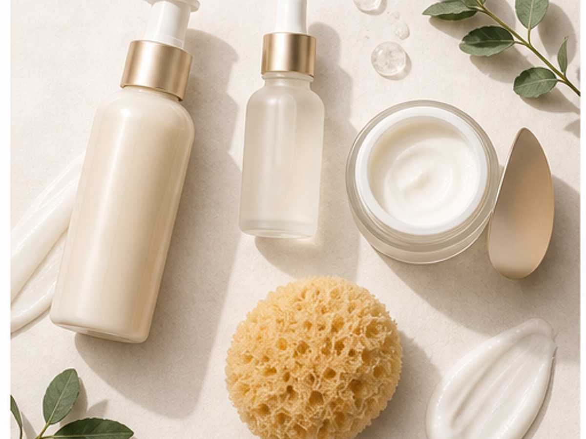 AI skincare product photography sample image: Routine flat lay